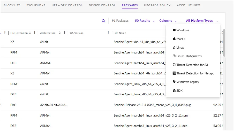SentinelOne Packages — Gestión de paquetes y actualizaciones
